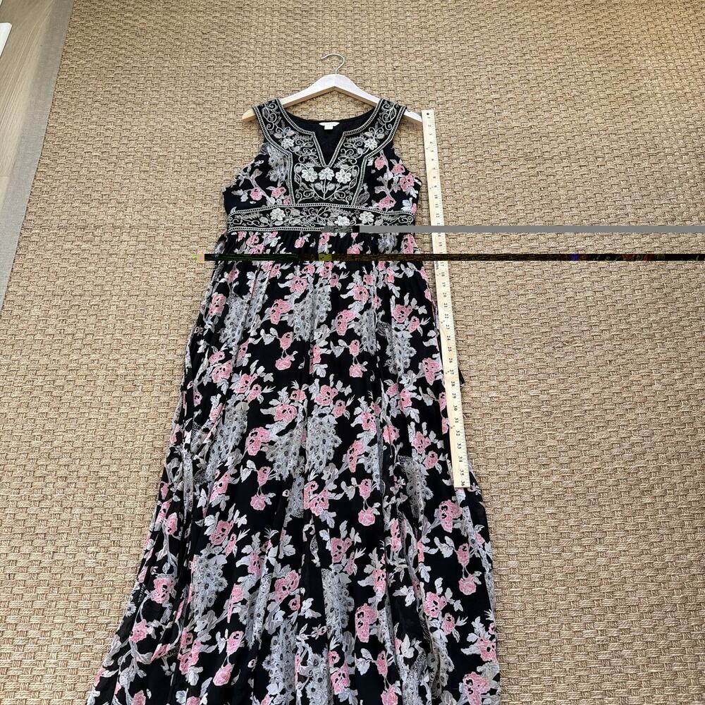 Monsoon Black Chiffon Silver Thread Peacock Floral Maxi Dress Boho Size 12 - Picture 11 of 13